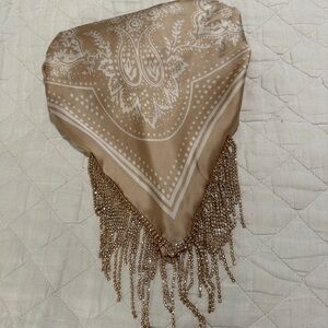 Silk Bandana in Champagne with Gold Rhinestone Fringe